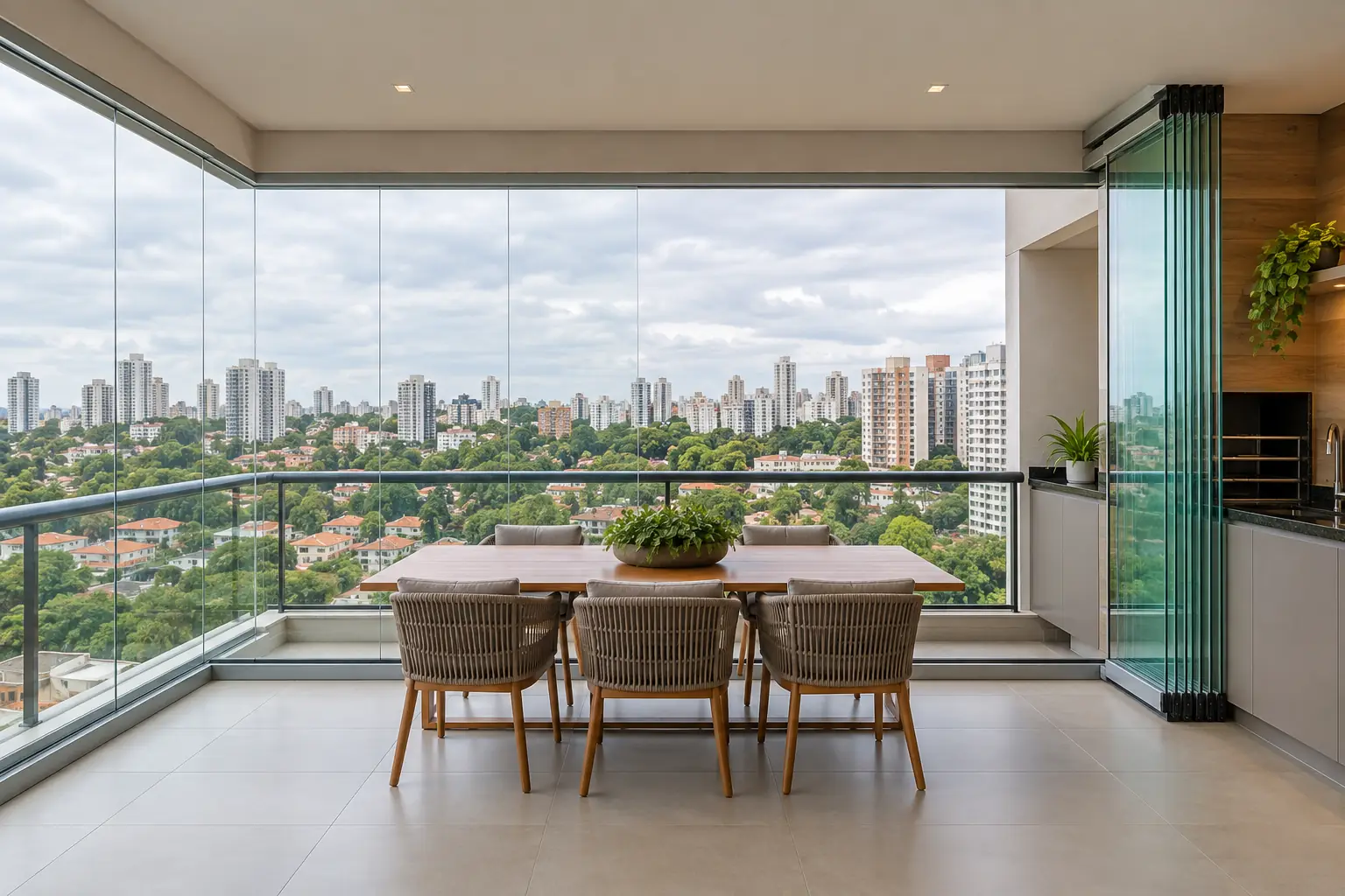 Cortina de vidro em varanda, com folhas fechadas e folhas recolhidas