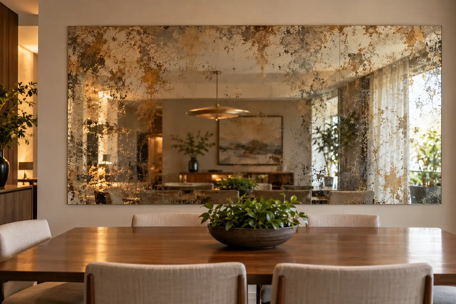 Painel de espelho envelhecido com manchas de oxidação em parede de sala