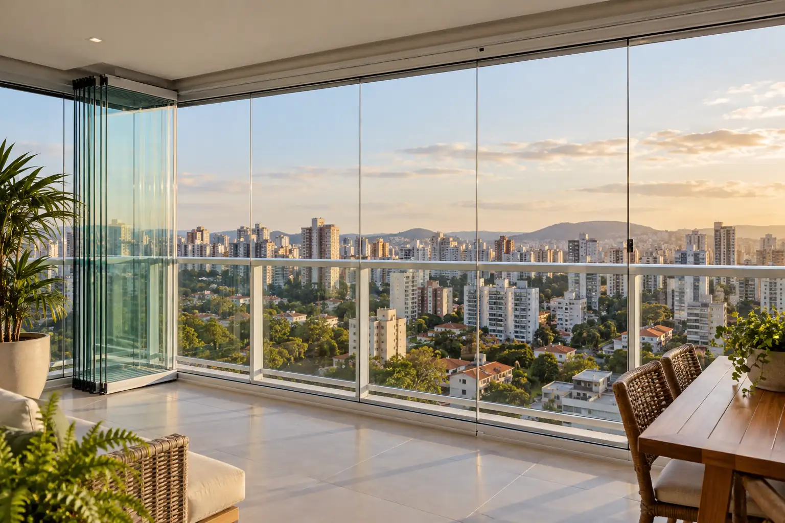 Sacada de apartamento com fechamento em vidro temperado e trilhos de alumínio