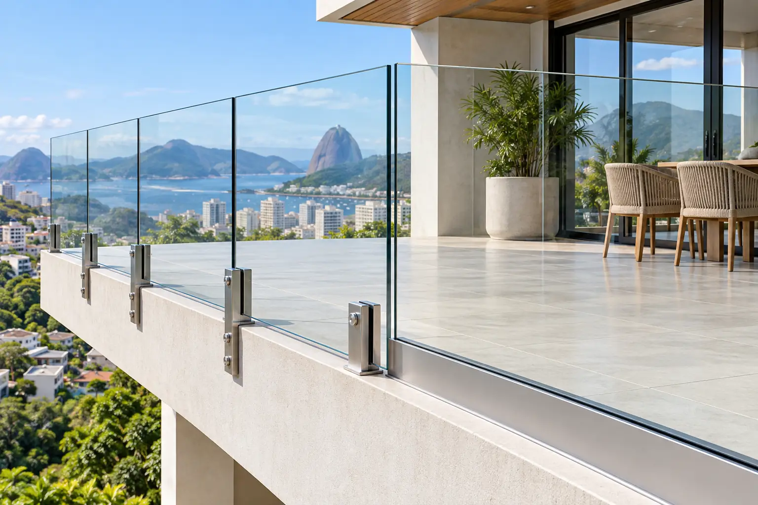 Guarda-corpo de vidro em área elevada