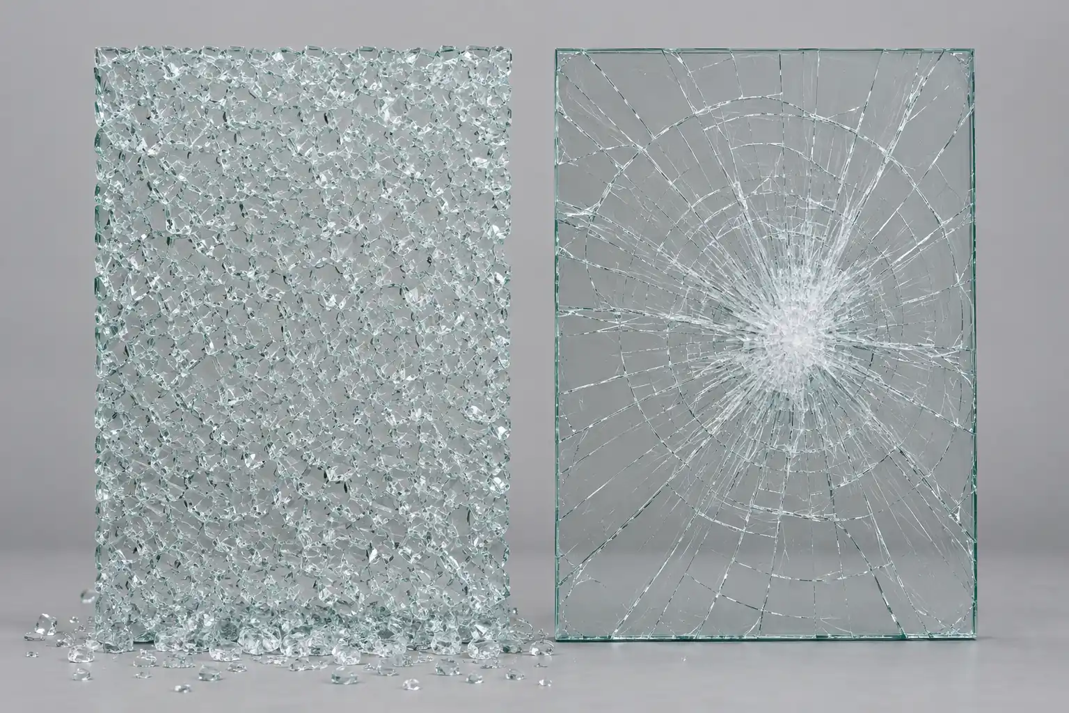 Vidro temperado estilhaçado em fragmentos ao lado de vidro laminado trincado porém inteiro