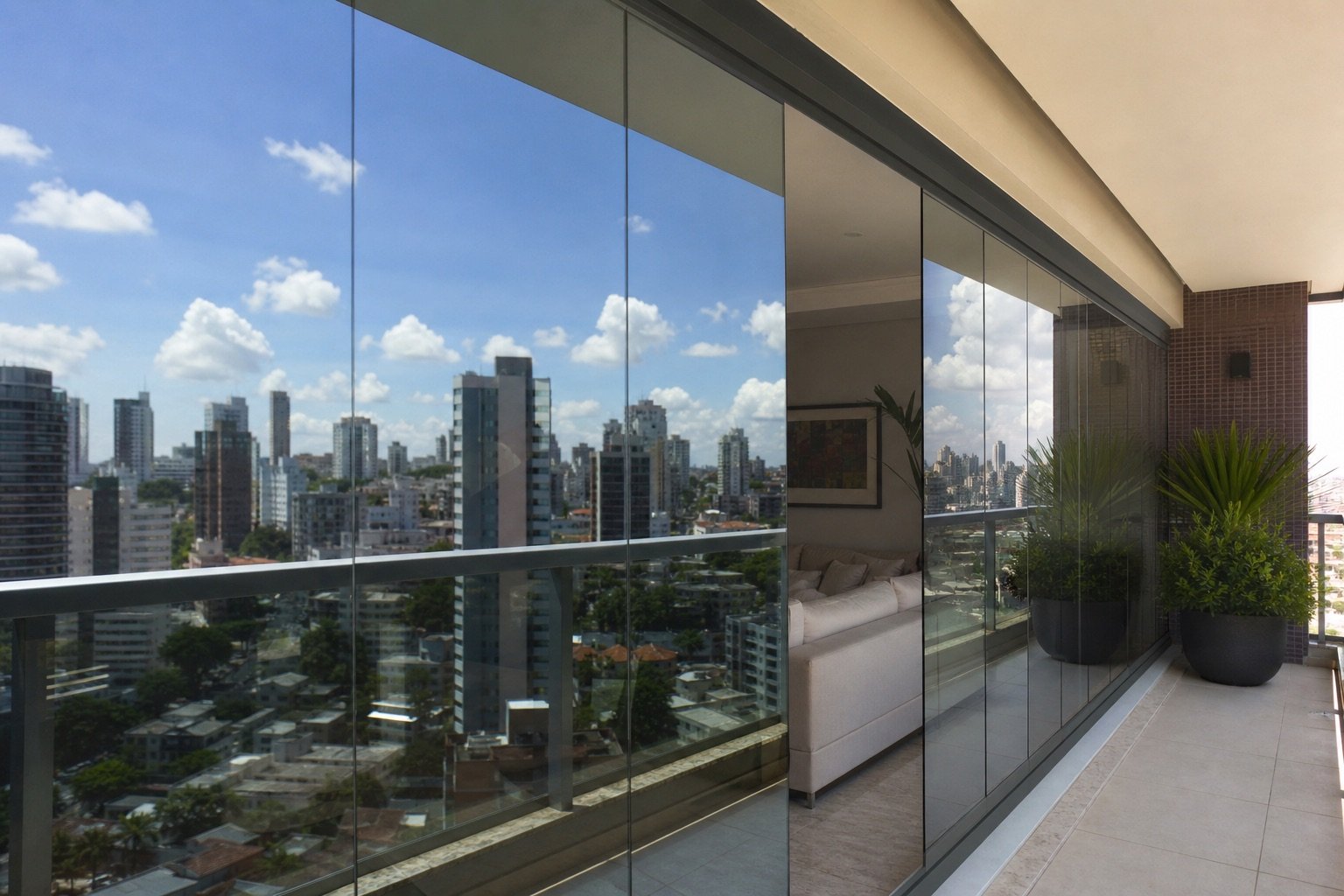 Fechamento de varanda com vidro reflecta refletindo o céu
