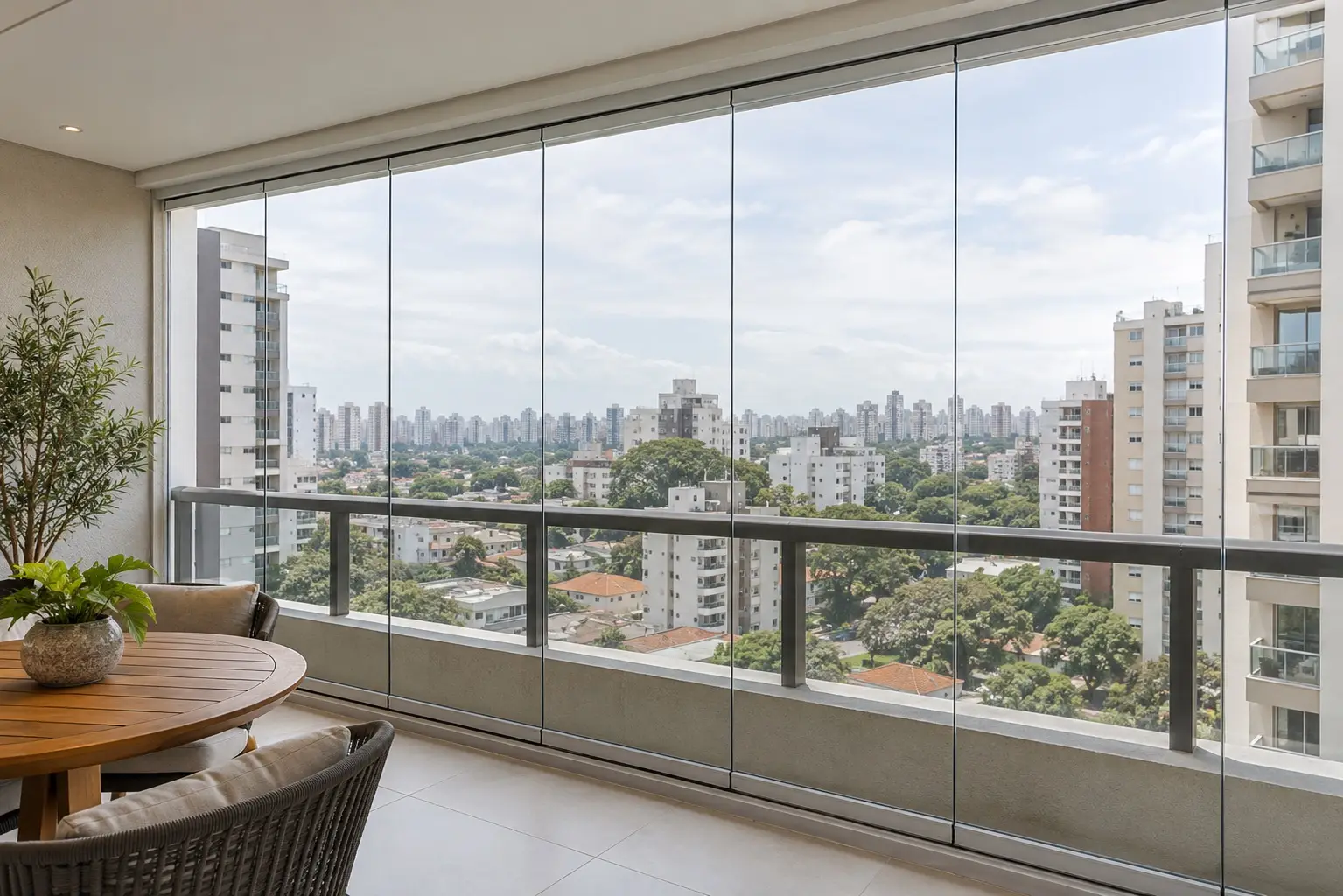 Sacada residencial envidraçada com painéis de vidro, trilhos discretos e guarda-corpo